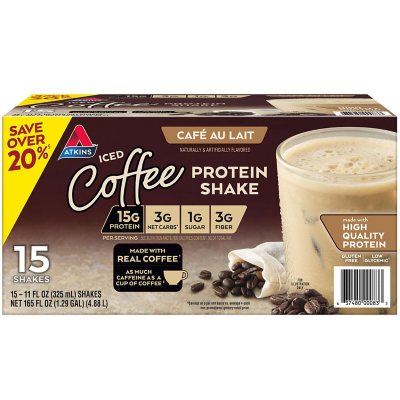 Atkins 15g Iced Coffee Protein Shake, Café Au Lait 11 fl oz 15 pk