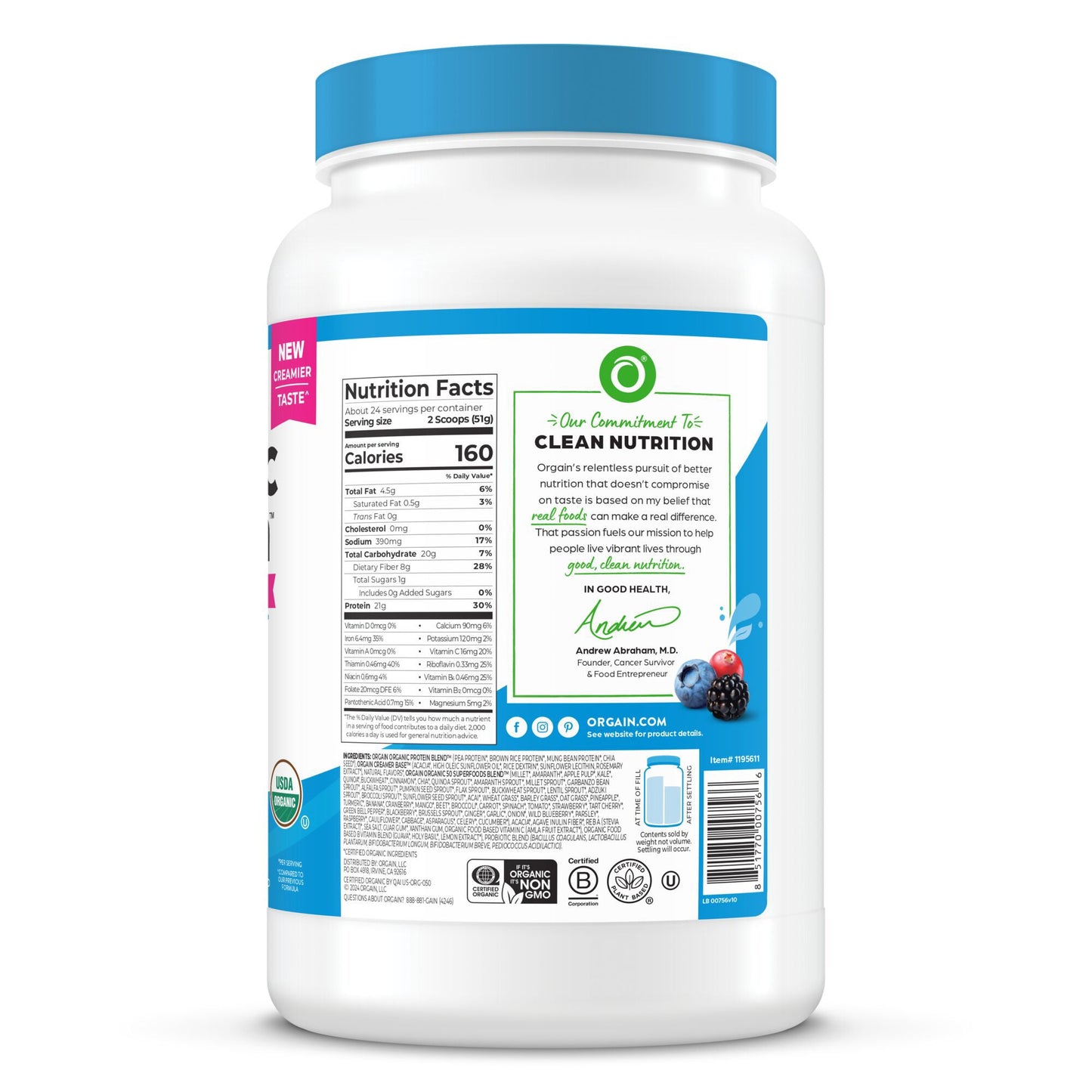 Orgain Organic Protein + 50 Superfoods Plant Based Protein Powder, 21g Protein, Vanilla Bean 1.22kg
