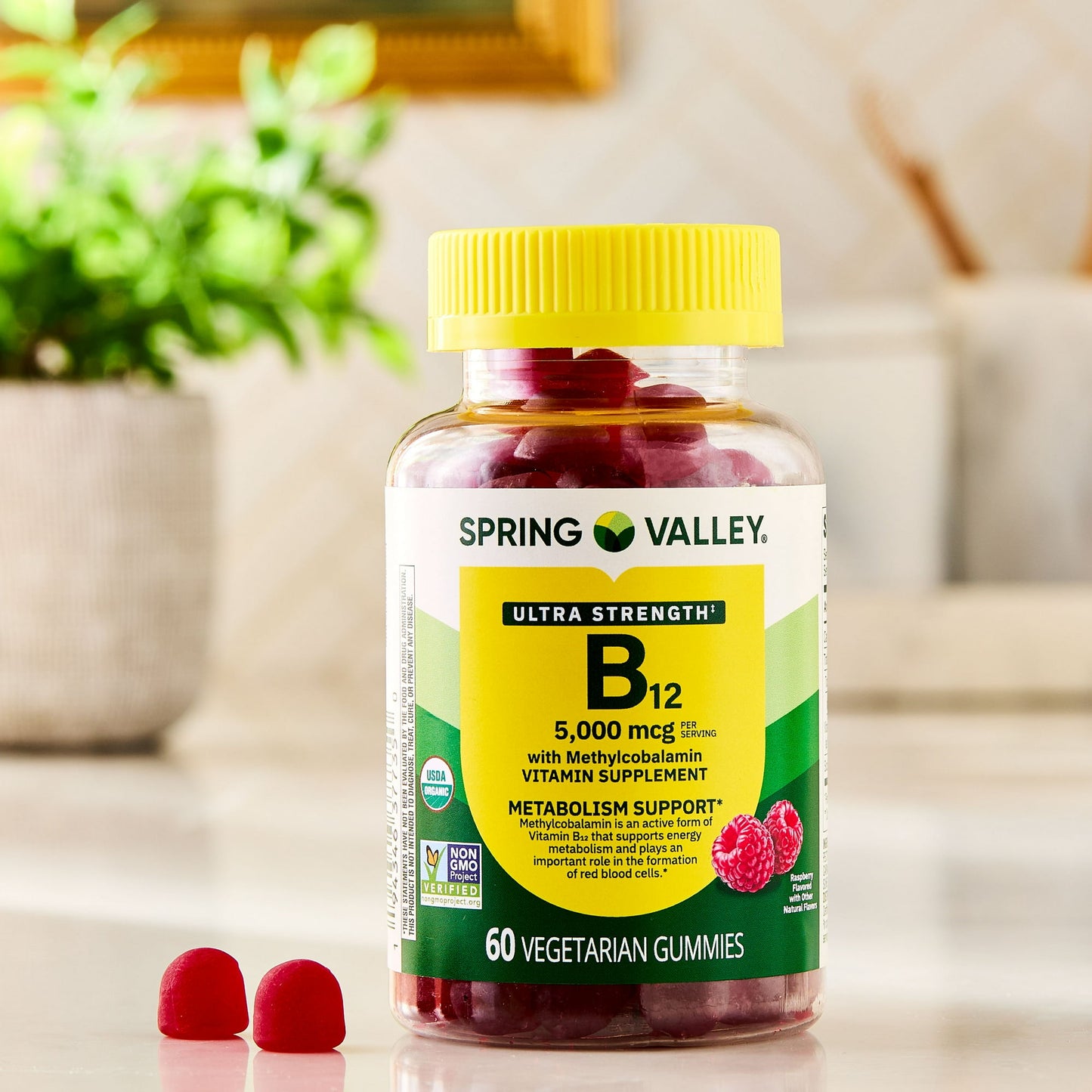 Spring Valley Vitamina B12 Ultra Fuerte 5000 mcg, 60 Unidades Sabor a Frambuesa