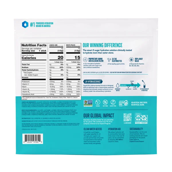 Liquid I.V. Hydration Multiplier, 30 Individual Serving Stick Packs 15 lemon lime 15 white peach 30 sobras