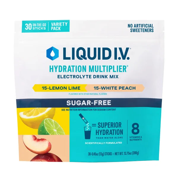 Liquid I.V. Hydration Multiplier, 30 Individual Serving Stick Packs 15 lemon lime 15 white peach 30 sobras