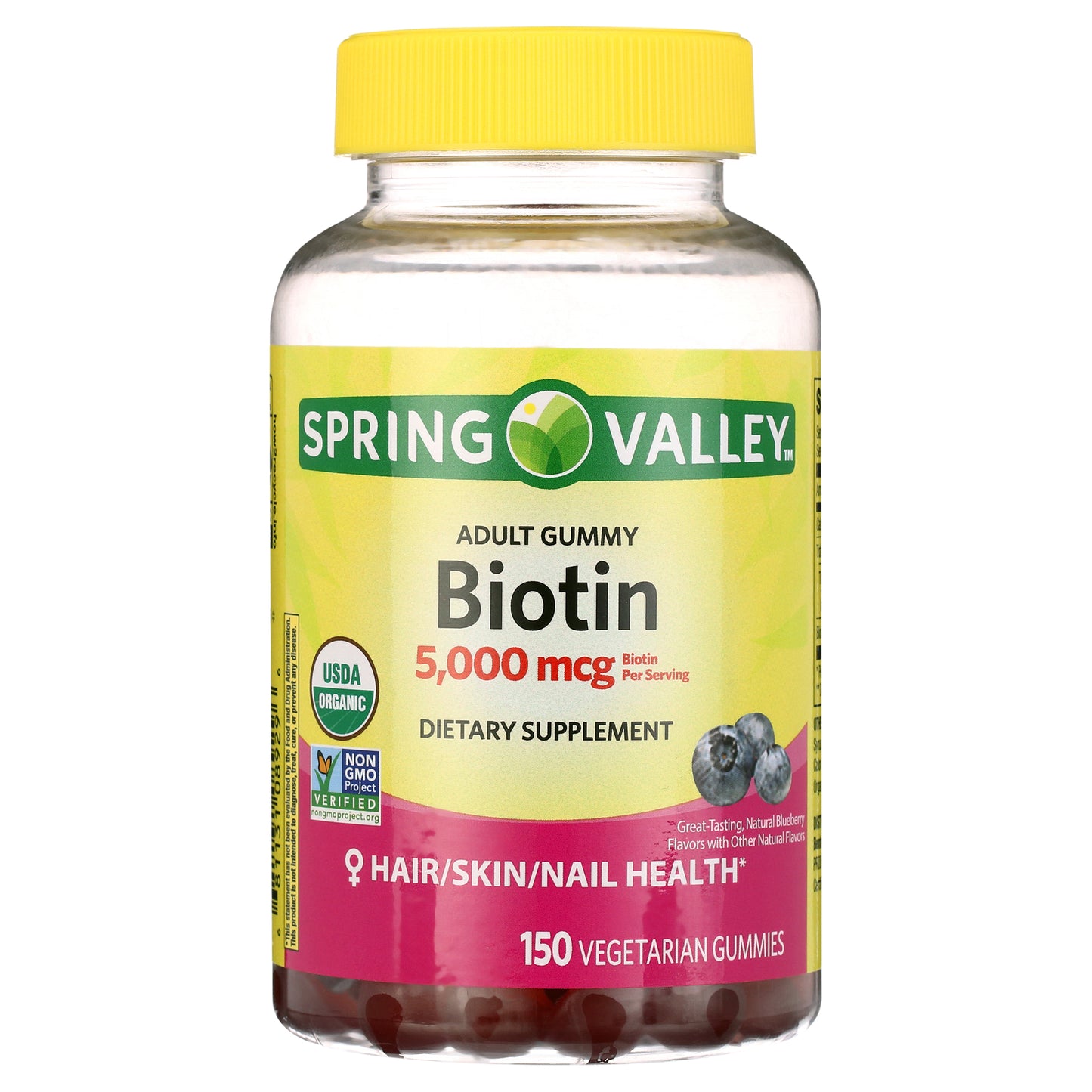Spring Valley Biotina sin OGM 5000 Mcg, 150 gomitas sabor a Arándano