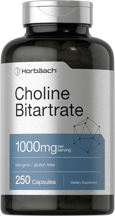Horbaach Suplemento de bitartrato de colina 1000 mg 250 cápsulas Sin OMG, sin gluten