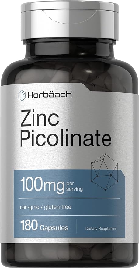 Horbäach Picolinato de zinc 100 mg 180 cápsulas Alta potencia Sin OMG, sin gluten