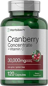 Horbäach Extracto de concentrado de arándano + vitamina C 30,000 mg 120 cápsulas sin OMG y sin gluten
