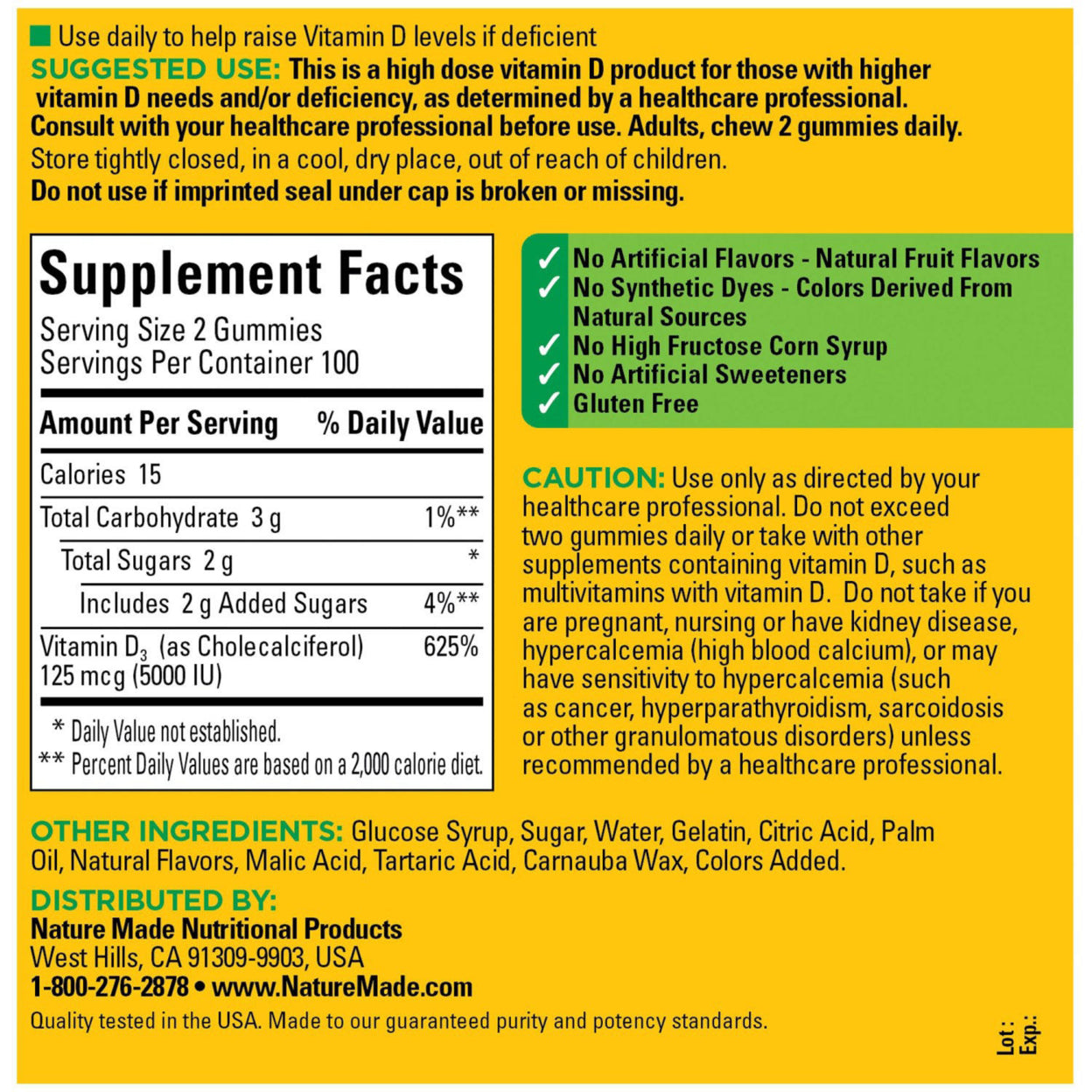 Nature Made Vitamina D3 Extra Fuerte 5000 IU (125 mcg) 200 gomitas