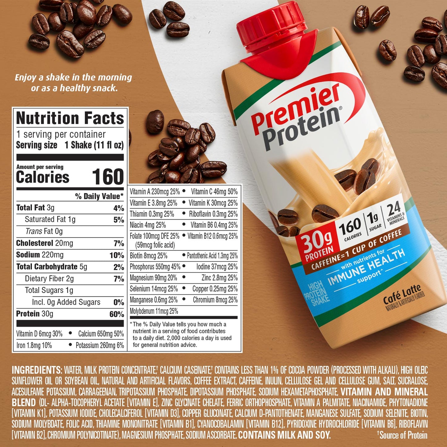Premier Proteína Café latte, 30 G de Proteína, 11 fl oz, 4 Unidades