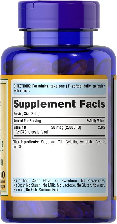 Puritan's Pride vitamina D3 50 mcg (2,000 UI) 200 cápsulas blandas