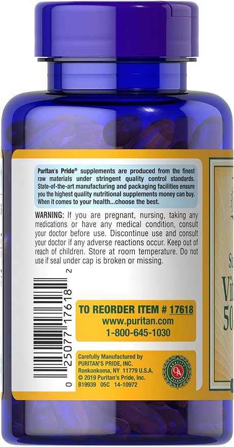 Puritan's Pride vitamina D3 50 mcg (2,000 UI) 200 cápsulas blandas