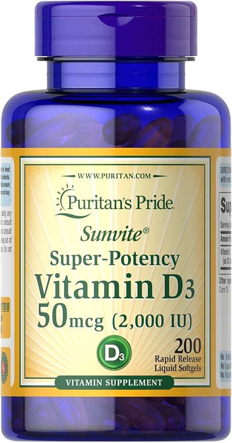 Puritan's Pride vitamina D3 50 mcg (2,000 UI) 200 cápsulas blandas