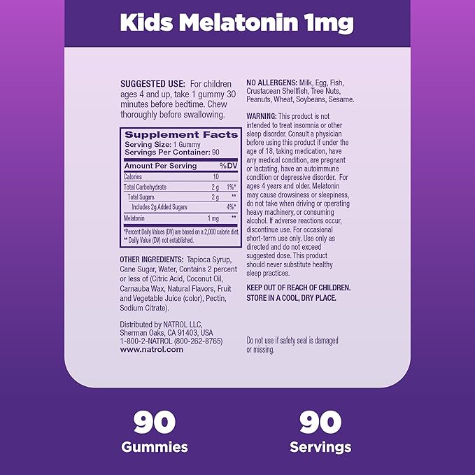 Natrol Melatonina para niños de 1 mg,sabor a frambuesa,90 gomitas