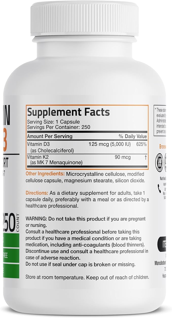 Bronson Vitamin K2 with D3 Supplement 5000 IU 250 Capsules