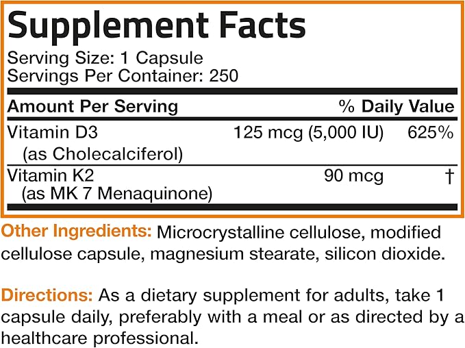 Bronson Vitamin K2 with D3 Supplement 5000 IU 250 Capsules