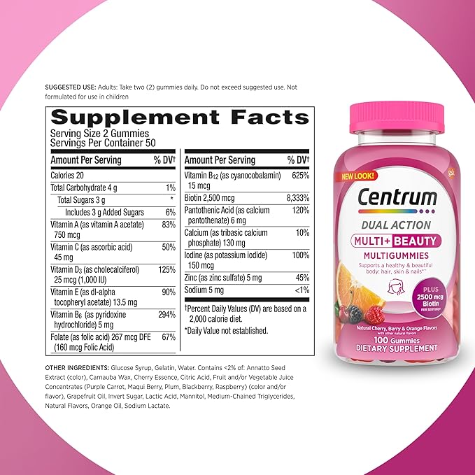 Centrum Dual Action MultiGummies Multi+ Beauty sabores de cereza, baya/naranja, 100 unidades