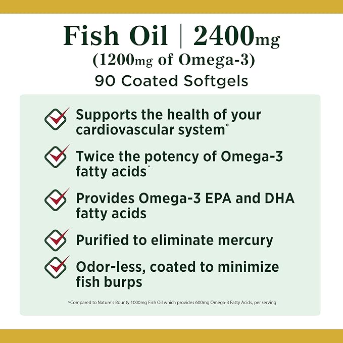 Nature's Bounty Fish Oil 2400 mg y 1200mg de omega 3, 90 softgels