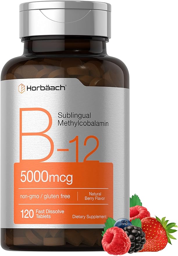 Horbaach B12 Metilcobalamina sublingual 5000 mcg 120 tabletas vegetariano, sin OMG y sin gluten