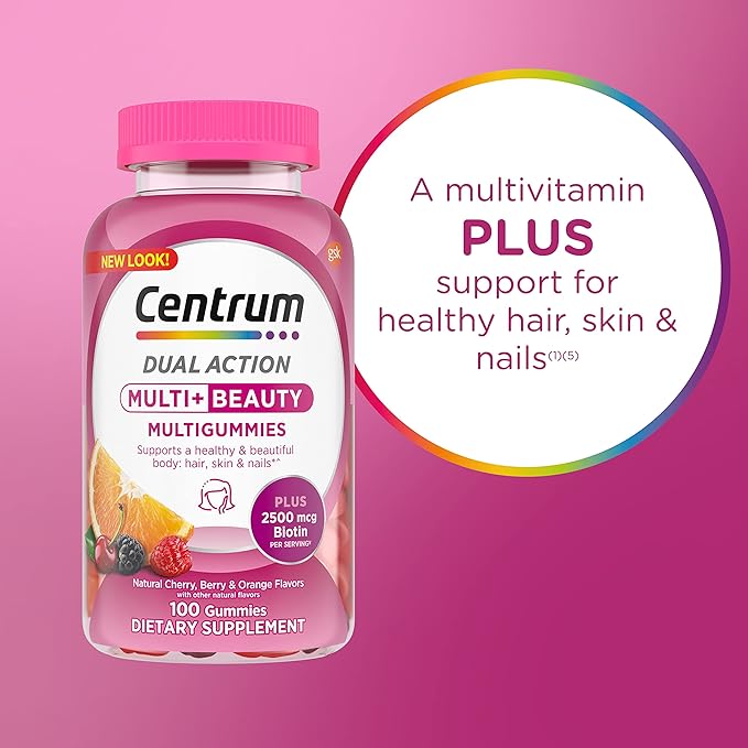 Centrum Dual Action MultiGummies Multi+ Beauty sabores de cereza, baya/naranja, 100 unidades