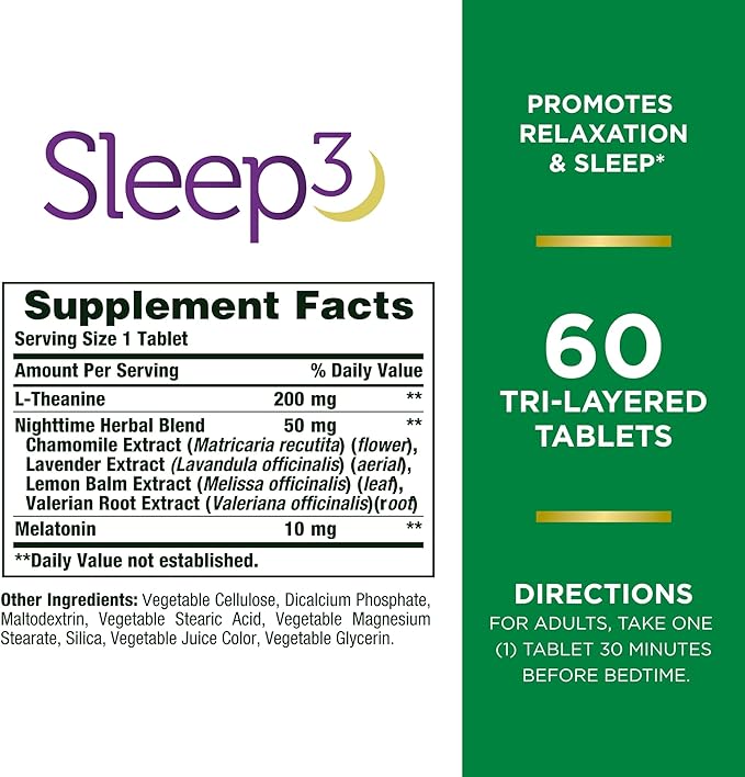 Nature's Bounty Sleep3 Melatonina 10 mg, 60 pastillas de tres capas