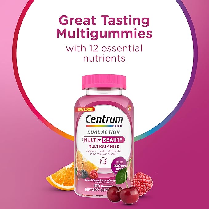 Centrum Dual Action MultiGummies Multi+ Beauty sabores de cereza, baya/naranja, 100 unidades