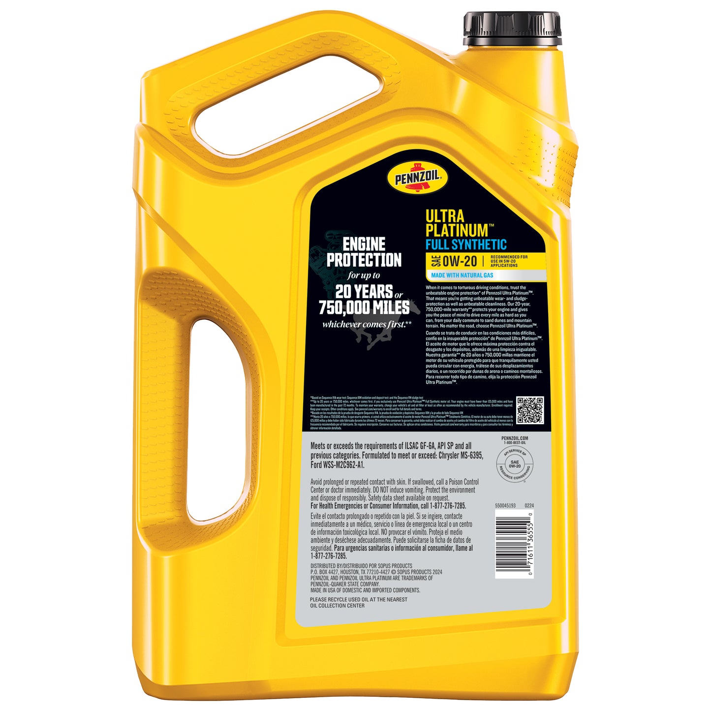 Aceite Pennzoil Ultra Platinum Sintetico 0W-20 4.73 litros