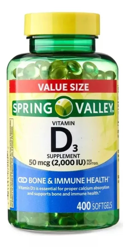 Spring Valley Vitamina D3 50mcg, 2,000IU, 400 capsulas blandas