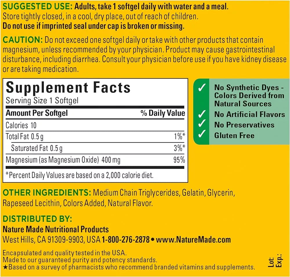 Nature Made Magnesio 400 Mg Extra Fuerza 60 Softgels