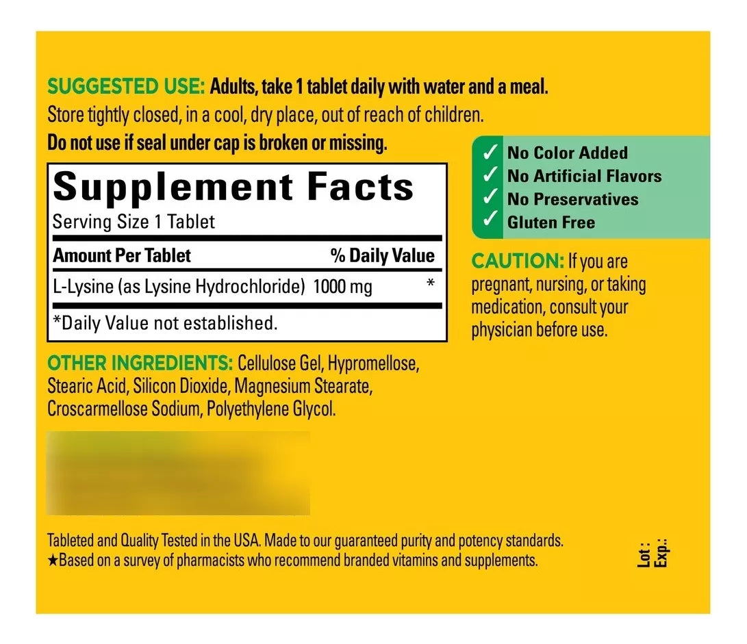 Nature Made L-Lisina 1,000mg, 60 tabletas