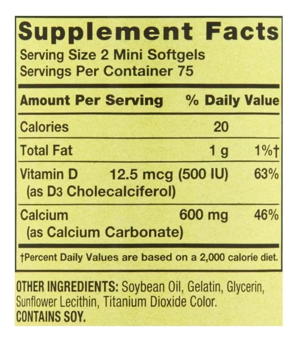 Spring Valley Calcio Mini 600mg + Vitamina D3, 150 mini softgels