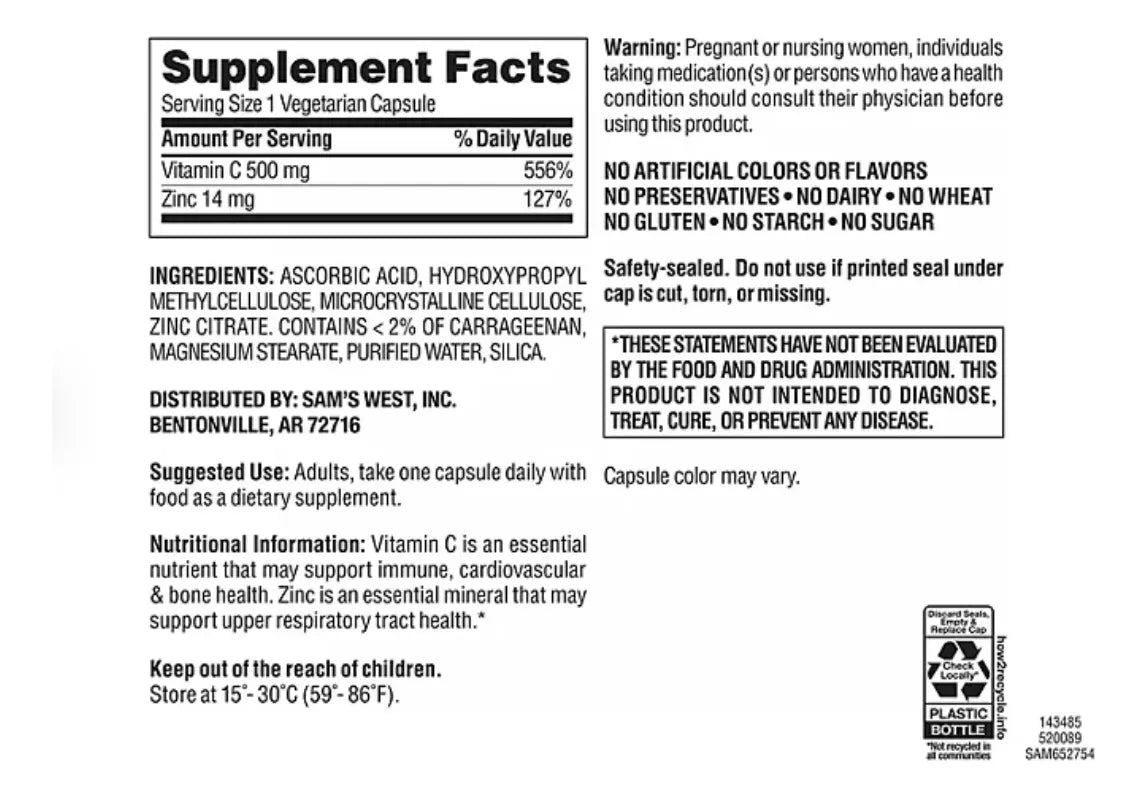 Members Mark Vitamina C 500mg Zinc 14mg 400 Cap Vegetarianas