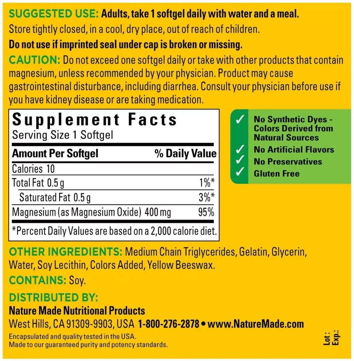 Nature Made Magnesio 400mg 110 Cápsulas