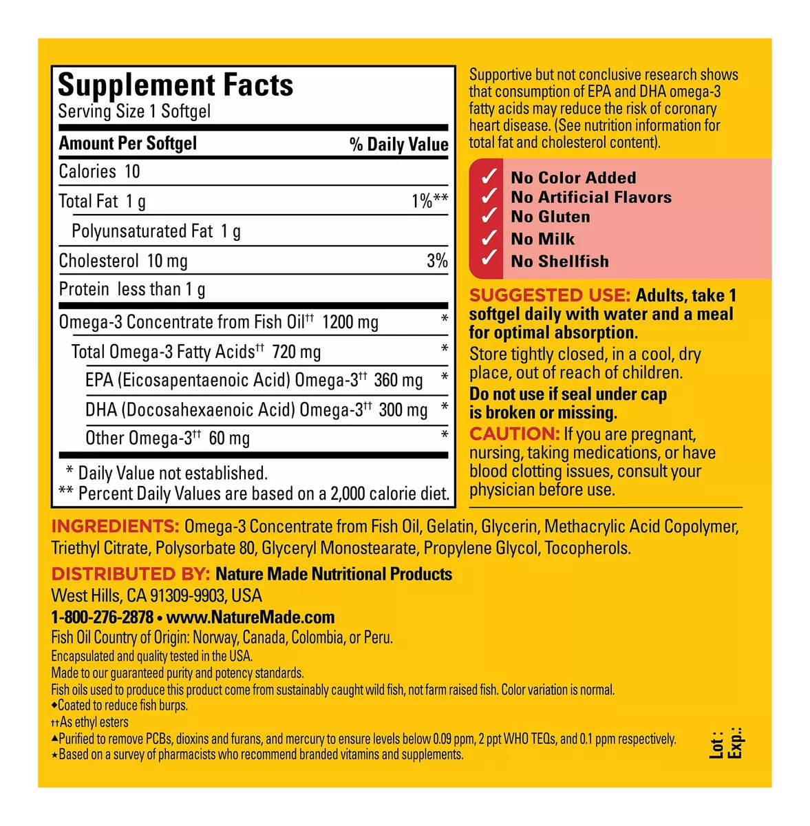 Nature Made Omega 3 De Aceite De Pescado 1200mg 125 Softgels