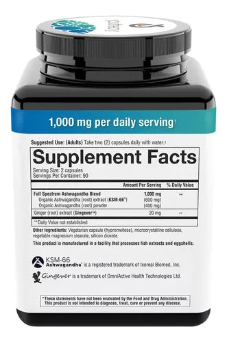 Youtheory Ashwagandha 1,000mg 180 Capsulas Vegetarianas