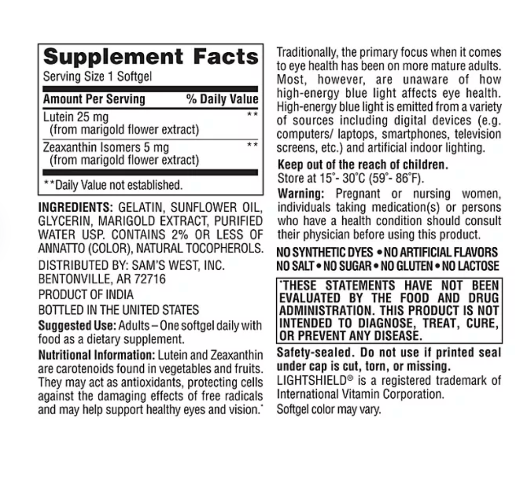 Members Mark Luteína 25 Mg Zeaxantina 5 Mg 150 Softgels Sabor Sin Sabor