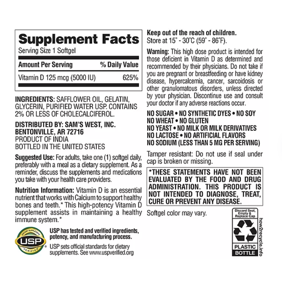 Vitamina D3 Ultra Premium 5000 Mcg 125 Mcg | 400 Softgels Sabor Sin Sabor