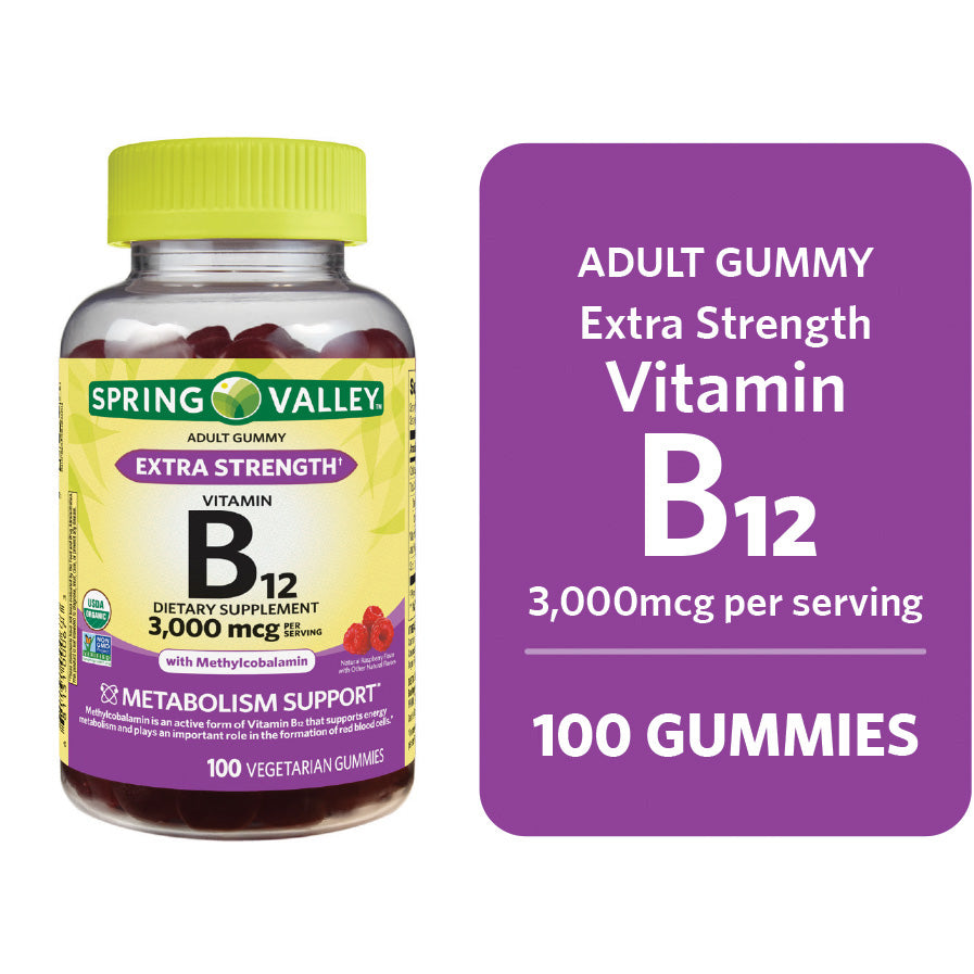 Spring Valley Vitamina B12 3000 Mcg, 100 gomitas sabor frambuesas