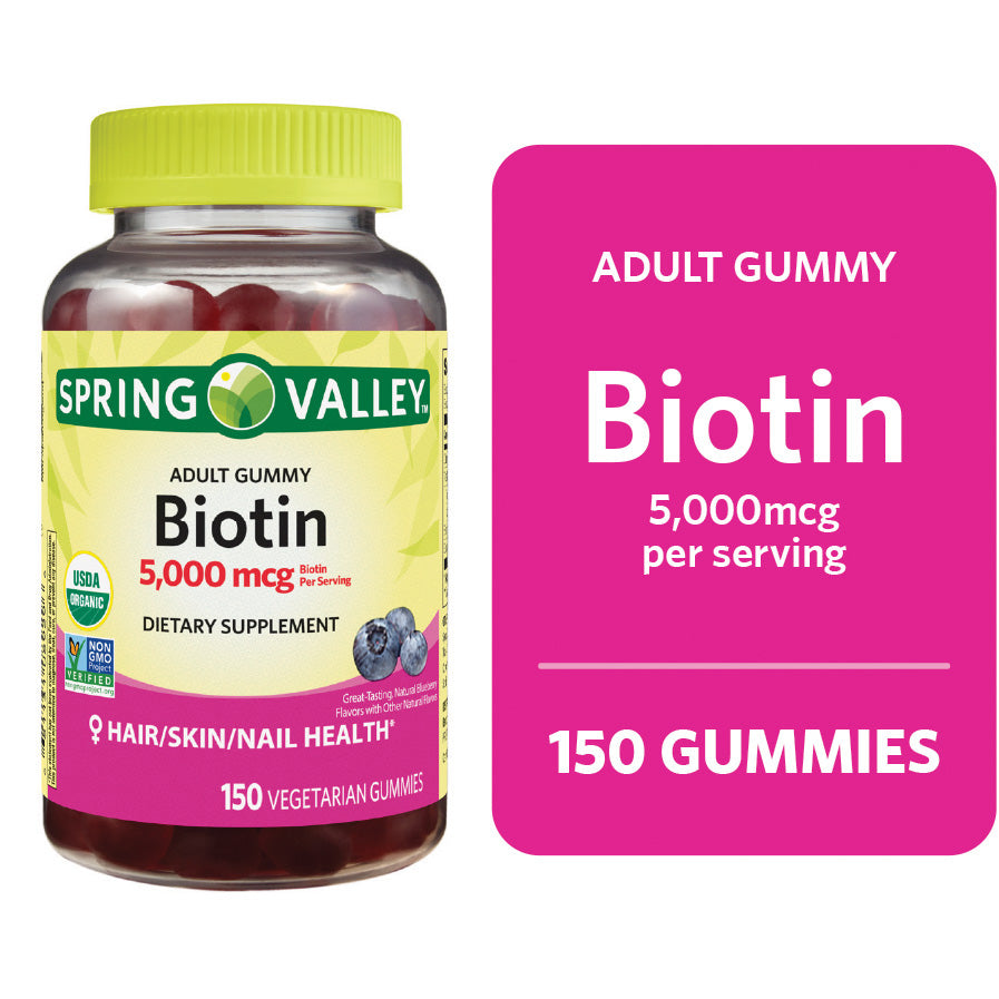 Spring Valley Biotina sin OGM 5000 Mcg, 150 gomitas sabor a Arándano