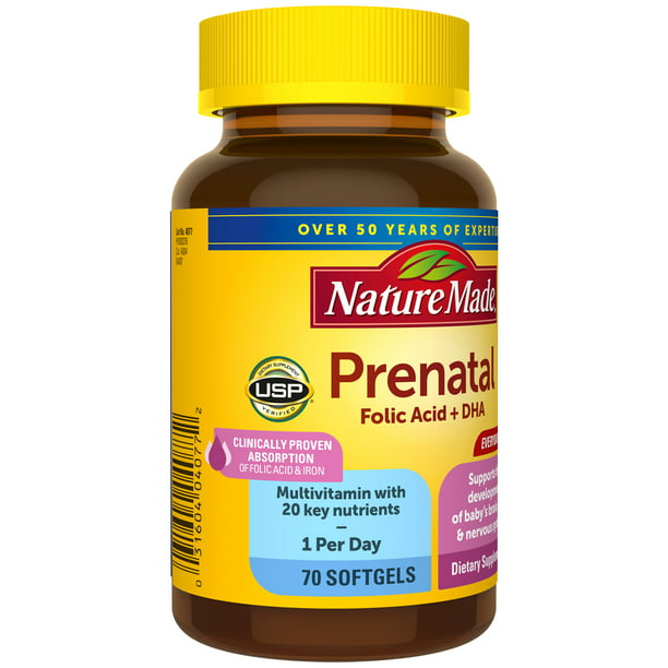 Nature Made Prenatal con Acido Fólico + DHA Capsulas Blandas, 70 pzs