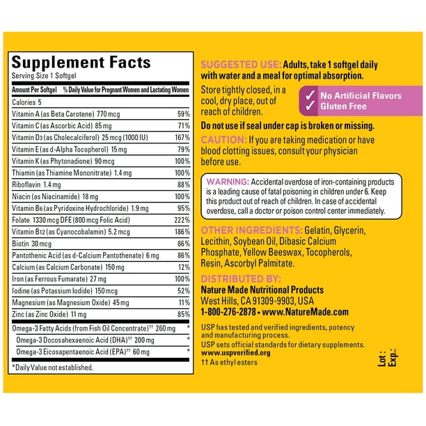 Nature Made Prenatal con Acido Fólico + DHA Capsulas Blandas, 70 pzs