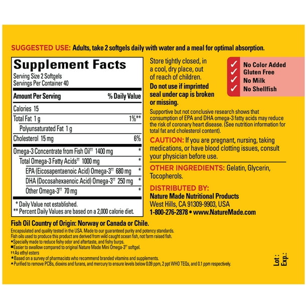Nature Made Extra Fuerte Menos Eruptos Omega 3 Aceite de Pescado, Suplemento 1400 mg, 80 mini capsulas blandas