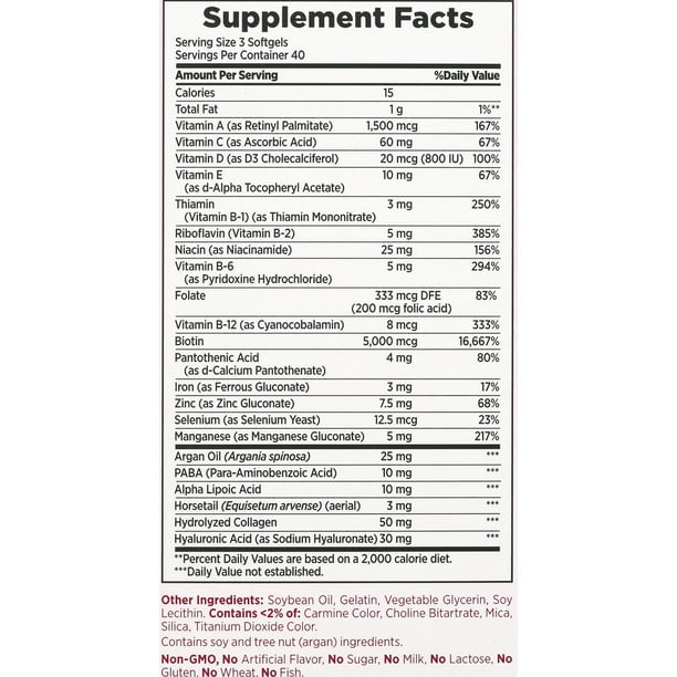 Nature's Bounty Optimal Solutions Advanced Cabello, Piel y Uñas Biotina & Vitaminas A, C, & E Capsulas Blandas, 120pzs