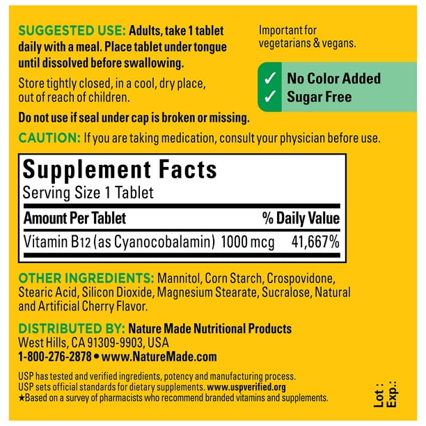 Nature Made Vitamina B12 Sublingual 1000 mcg Sin Azucar Disuelve Rapido 60pzs