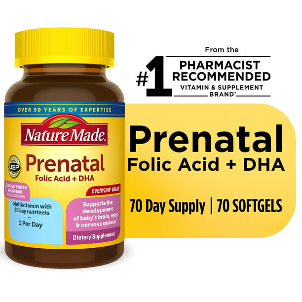 Nature Made Prenatal con Acido Fólico + DHA Capsulas Blandas, 70 pzs