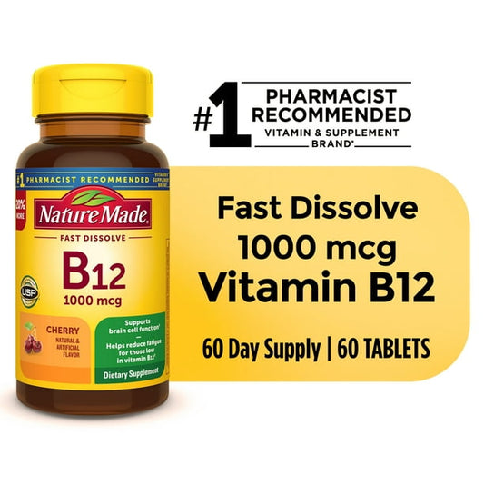 Nature Made Vitamina B12 Sublingual 1000 mcg Sin Azucar Disuelve Rapido 60pzs