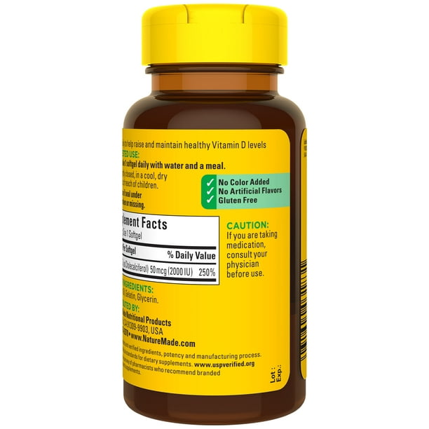 Nature Made Vitamina D3 2000 IU (50 mcg) Capsulas Blandas, Suplemento alimenticio 100pzs