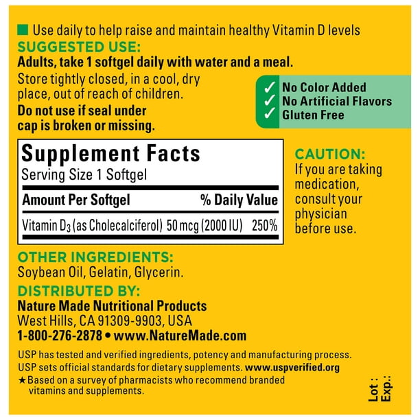 Nature Made Vitamina D3 2000 IU (50 mcg) Capsulas Blandas, Suplemento alimenticio 100pzs