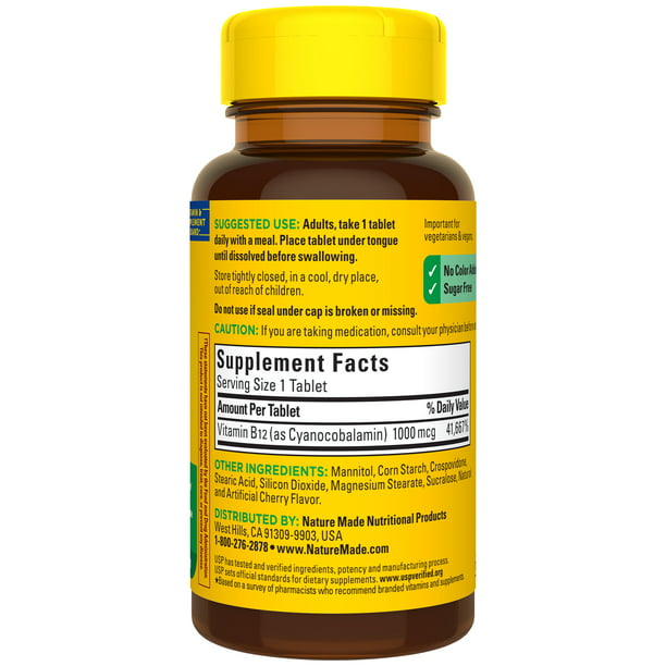 Nature Made Vitamina B12 Sublingual 1000 mcg Sin Azucar Disuelve Rapido 60pzs