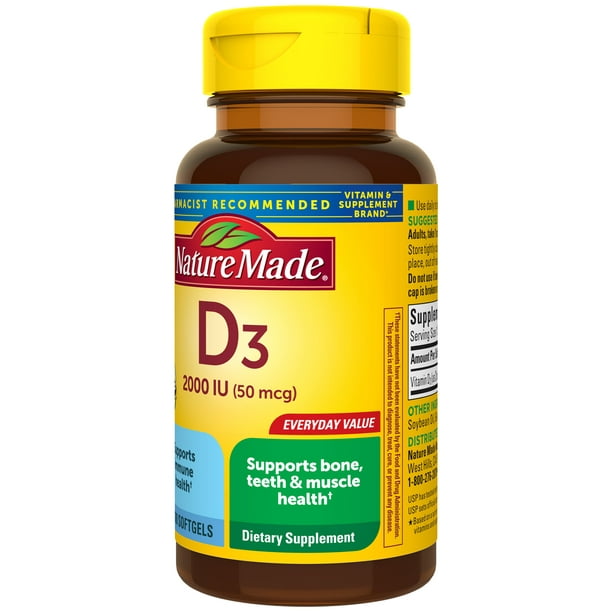 Nature Made Vitamina D3 2000 IU (50 mcg) Capsulas Blandas, Suplemento alimenticio 100pzs