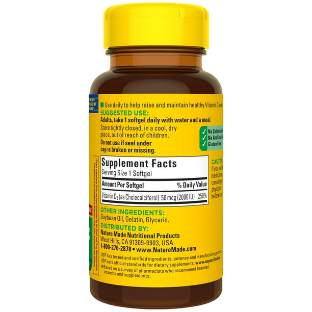 Nature Made Vitamina D3 2000 IU (50 mcg) Capsulas Blandas, Suplemento alimenticio 100pzs