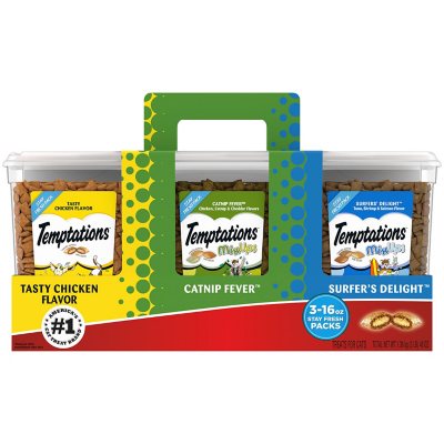 TEMPTATIONS Cat Treats Variety Pack with Tasty Chicken Flavor, Catnip Fever, & Surfers' Delight, 16 oz