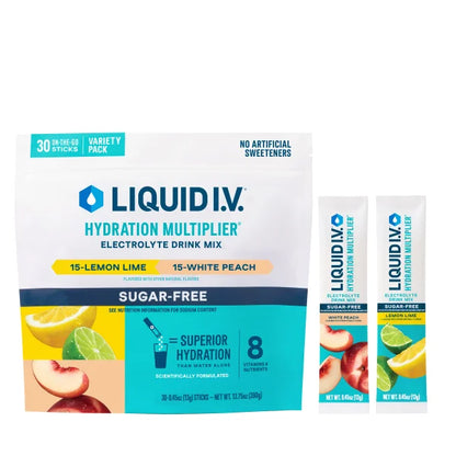 Liquid I.V. Hydration Multiplier, 30 Individual Serving Stick Packs 15 lemon lime 15 white peach  30 sobras